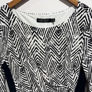 Lauren Ralph Lauren Women Sheath Midi Dress Size 14 Geometric Print Ruche Navy